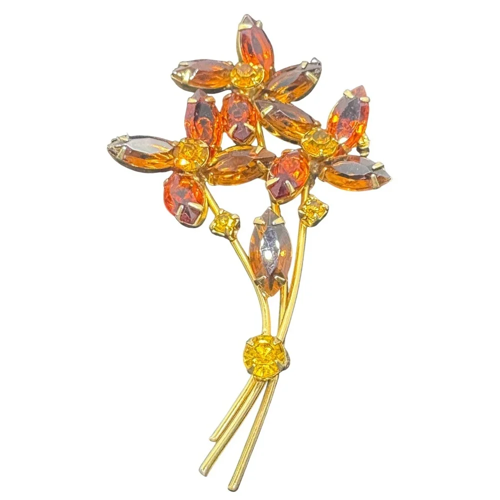 Vintage Amber Citrine Rhinestone Flower Bouquet Brooch Gold Tone Fall Floral Pin